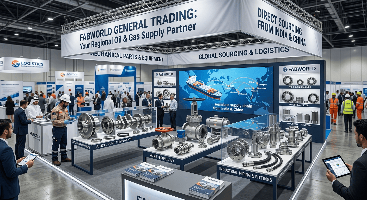 Industrial steel pipelines, pressure gauges, and control valves for oil and gas supply by Fabworld General Trading.